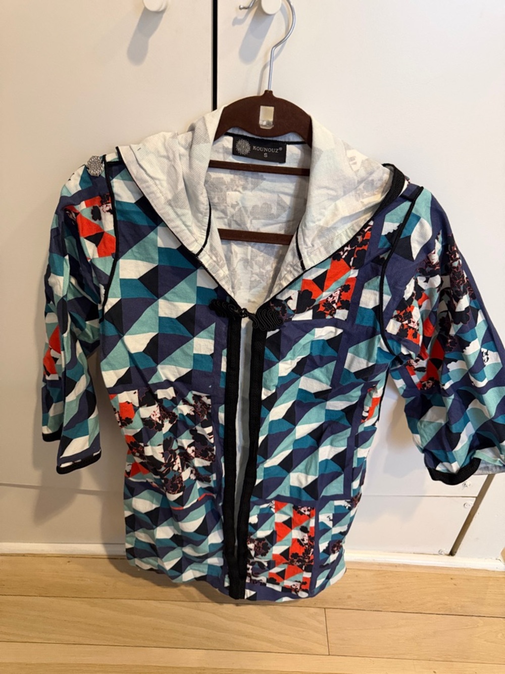 Geometric Print Zip Hoodie Jacket - Teal, Navy, Coral